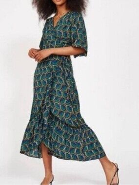 Silk & Salt NWOT Journey Maxi Midi Peacock Print Ruffle  Wrap Dress Size Small